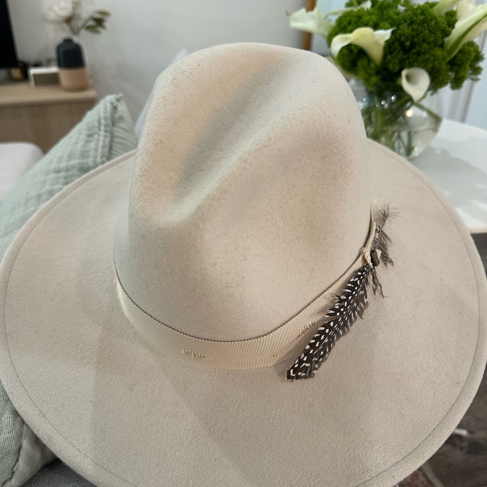 Cream Wool Fedora with Feather Accent